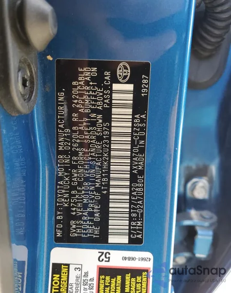 2019 Toyota Camry L из США, поврежденный, VIN 4T1B11HK2KU231975